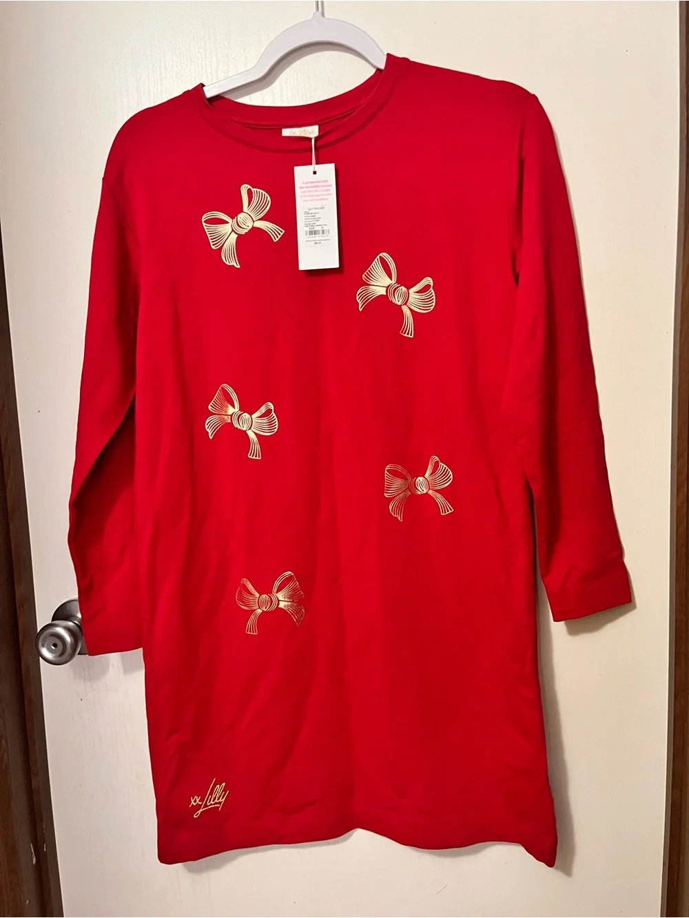 Lilly Pulitzer Girl Dress XL 12/14 Ballad Sweatshirt Red Bow Holiday Christmas